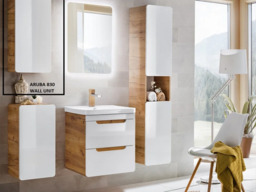 Small Bathroom Wall Cabinet White Gloss and Oak Slim Shallow Storage Unit Scandi Modern Cloakroom Unit - Aruba - thumbnail 2