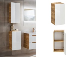 Small Bathroom Wall Cabinet White Gloss and Oak Slim Shallow Storage Unit Scandi Modern Cloakroom Unit - Aruba - thumbnail 1