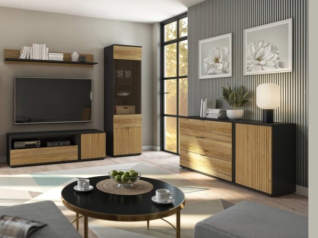 Living Room Storage Set Modern Sideboard Glass Display TV Cabinet Wall Shelf Black Oak Printed Slat Effect Luen - image 1