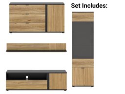 Living Room Storage Set Modern Sideboard Glass Display TV Cabinet Wall Shelf Black Oak Printed Slat Effect Luen - thumbnail 2