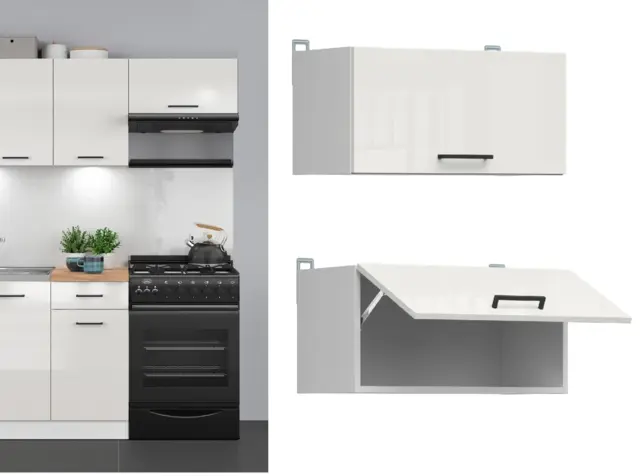Kitchen Wall Unit 600mm Extractor Fan Housing Cabinet Lift Up Half Height Door White Chalk Gloss - Junona - image 1