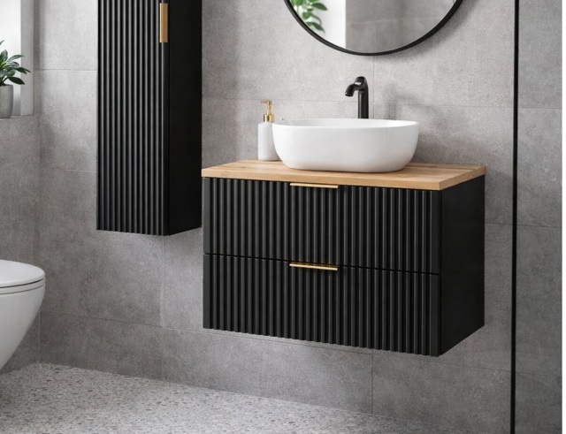 Black Bathroom Vanity Unit Oak Countertop with Basin 800mm Ribbed Fluted Wall Hung Floating Cabinet - Adel - image 1
