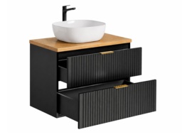Black Bathroom Vanity Unit Oak Countertop with Basin 800mm Ribbed Fluted Wall Hung Floating Cabinet - Adel - thumbnail 4