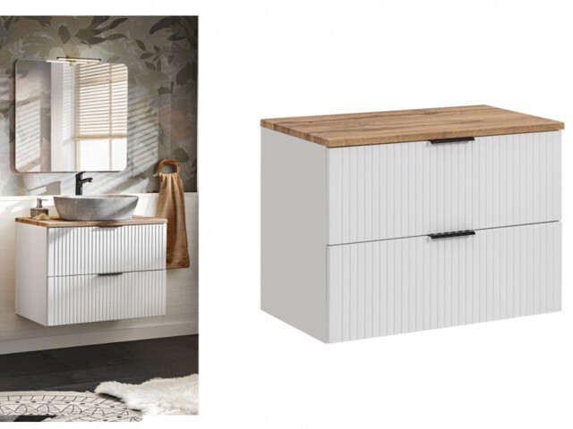 Bathroom Vanity Unit Countertop 800mm Ribbed Textured White Wall Hung Floating Cabinet - Adel - image 1