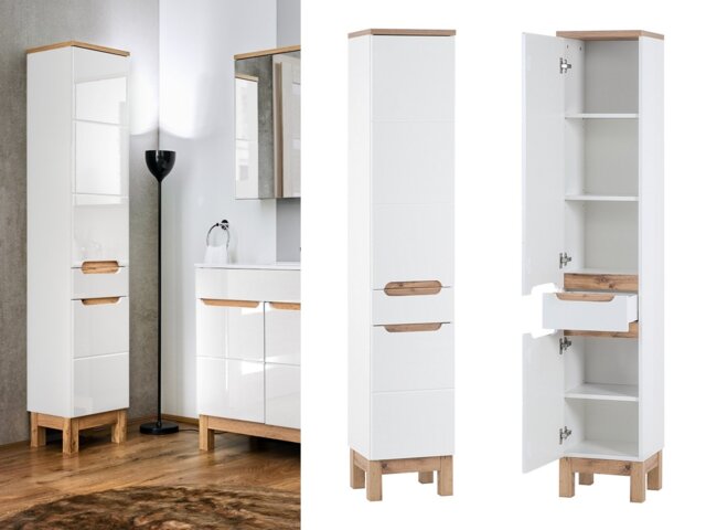 Tall Bathroom Storage Cabinet Two Door One Drawer Tall Slim Bathroom Cabinet White Gloss and Oak - Bali - image 1