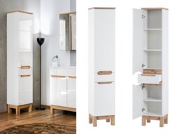 Tall Bathroom Storage Cabinet Two Door One Drawer Tall Slim Bathroom Cabinet White Gloss and Oak - Bali