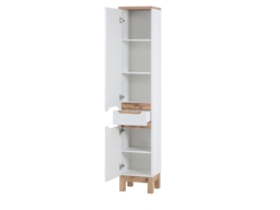 Tall Bathroom Storage Cabinet Two Door One Drawer Tall Slim Bathroom Cabinet White Gloss and Oak - Bali - thumbnail 3