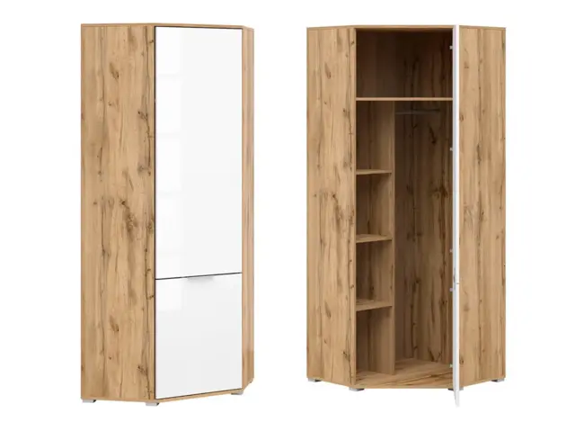White Gloss Corner Wardrobe L Shaped Single Wardrobe with Rail Modern Compact 1 Door Oak Bedroom Storage - Zele - image 1