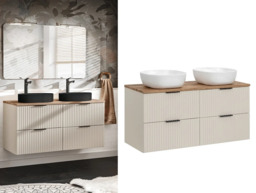 Double Vanity Unit with Basins 1200mm Fluted Beige Bathroom Floating Wall Mounted Sink Cabinet Oak Worktop - Adel