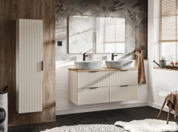 Double Vanity Unit with Basins 1200mm Fluted Beige Bathroom Floating Wall Mounted Sink Cabinet Oak Worktop - Adel - thumbnail 2