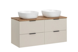 Double Vanity Unit with Basins 1200mm Fluted Beige Bathroom Floating Wall Mounted Sink Cabinet Oak Worktop - Adel - thumbnail 4