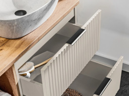 Double Vanity Unit with Basins 1200mm Fluted Beige Bathroom Floating Wall Mounted Sink Cabinet Oak Worktop - Adel - thumbnail 3