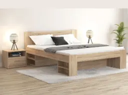 King Size Bed Frame with Storage Shelves Sonoma Oak Solid Wooden Euro 160cm Slats - Nepo - thumbnail 1