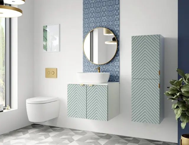 Wall Bathroom Set 600mm Vanity Cabinet Sink Tall Storage Unit Ribbed Fluted Soft Green with White Worktop - Cara - image 1