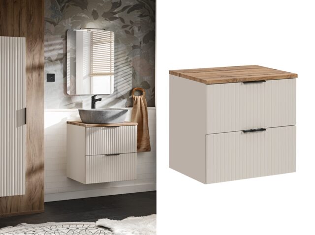 Countertop Vanity Unit 600mm Bathroom Sink Cabinet Wall Mounted Ribbed Fluted Beige Drawers Oak Worktop - Adel - image 1
