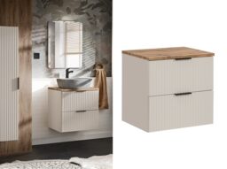 Countertop Vanity Unit 600mm Bathroom Sink Cabinet Wall Mounted Ribbed Fluted Beige Drawers Oak Worktop - Adel