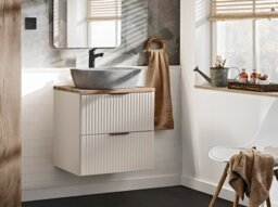 Countertop Vanity Unit 600mm Bathroom Sink Cabinet Wall Mounted Ribbed Fluted Beige Drawers Oak Worktop - Adel - thumbnail 2