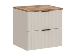 Countertop Vanity Unit 600mm Bathroom Sink Cabinet Wall Mounted Ribbed Fluted Beige Drawers Oak Worktop - Adel - thumbnail 4