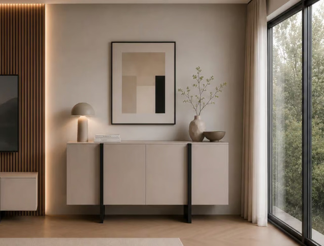 Beige Sideboard Cabinet 140cm Storage Unit Modern Cashmere Black Handleless – Kiznie - image 1