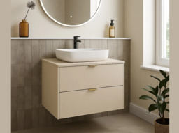 Beige Vanity Unit Bathroom Cabinet with Sink Cashmere Countertop 600mm Floating Wall Drawers Storage - Dalia - thumbnail 1