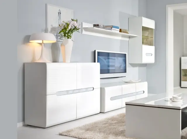 White Gloss Living Room Furniture Set TV Unit Wall Cabinet Sideboard Shelf Modern Lounge - Azteca Trio