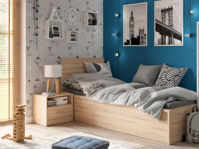 Ottoman Single Bed and Bedside Cabinet Set Euro 90cm Gas Lift Up Storage Bed Sonoma Oak Effect - Tetrix and Nepo - image 1