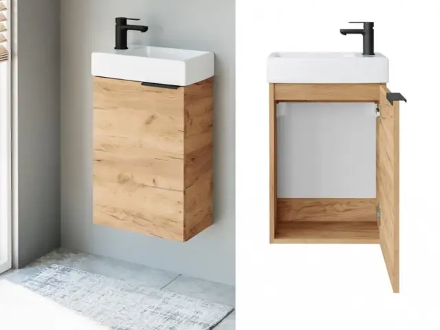 400mm Bathroom Vanity Unit with Basin Cloakroom Wall Hung Sink Cabinet Craft Oak Finish Slim Narrow Design - Avir - image 1