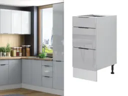 Kitchen Drawer Unit 400mm Narrow Cabinet Freestanding Base Storage Cupboard Light Grey Gloss - Star - thumbnail 1