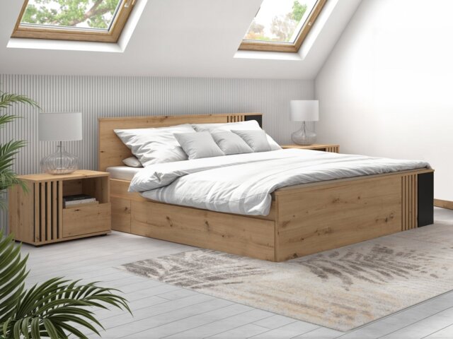 King Size Bed with Storage Underbed Drawer 2 Bedsides Euro 160cm Wood Slats Black and Oak with Panelling – Vabres - image 1