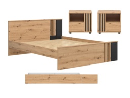 King Size Bed with Storage Underbed Drawer 2 Bedsides Euro 160cm Wood Slats Black and Oak with Panelling – Vabres - thumbnail 2