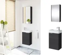 Bathroom Furniture Set 400mm Vanity Unit Sink Basin Mirror Cabinet Small Wall Hung Black Grey Wood Effect – Avir