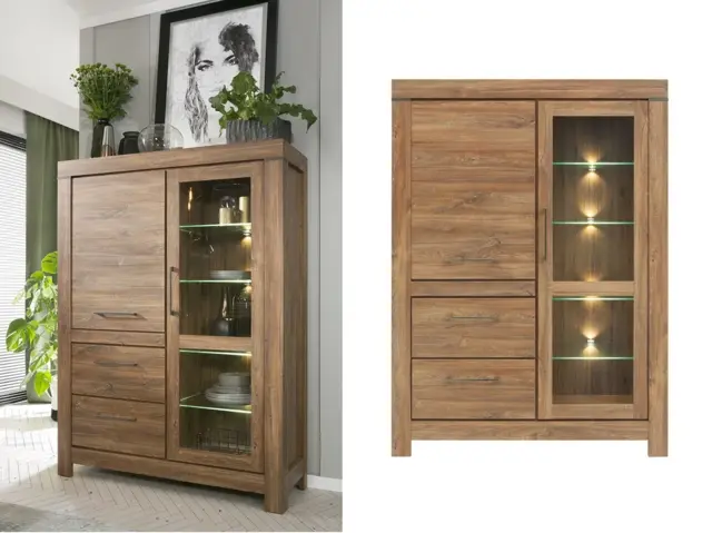 Large Display Cabinet Glass Storage Unit with Drawers LED Lights Modern 115cm Wide Oak Effect Buffet - Gent - image 1