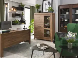 Large Display Cabinet Glass Storage Unit with Drawers LED Lights Modern 115cm Wide Oak Effect Buffet - Gent - thumbnail 3