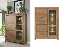 Large Display Cabinet Glass Storage Unit with Drawers LED Lights Modern 115cm Wide Oak Effect Buffet - Gent