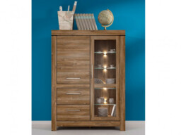 Large Display Cabinet Glass Storage Unit with Drawers LED Lights Modern 115cm Wide Oak Effect Buffet - Gent - thumbnail 2