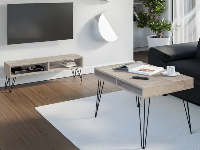 Living Room Furniture Set Coffee Table Console Table TV Unit Hairpin Metal Legs Grey Oak Effect - Mare - image 1
