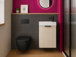 Small Cloakroom Vanity Unit with Sink Slim Wash Basin Compact Cabinet Cashmere Beige Fluted 400mm Wall Hung - Adel