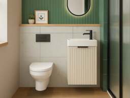 Small Cloakroom Vanity Unit with Sink Slim Wash Basin Compact Cabinet Cashmere Beige Fluted 400mm Wall Hung - Adel - thumbnail 2