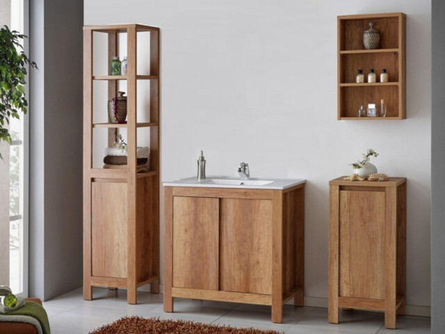 Bathroom Furniture Set 800mm Vanity Sink Cabinet Freestanding Tallboy Unit Oak Finish - Classic Oak - image 1