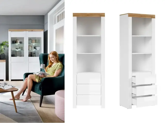 Tall Shelving Unit Slim Narrow Bookcase White Gloss Cabinet 3 Drawers Oak Scandi Living Room Storage - Holten - image 1