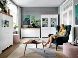 Tall Shelving Unit Slim Narrow Bookcase White Gloss Cabinet 3 Drawers Oak Scandi Living Room Storage - Holten - thumbnail 2