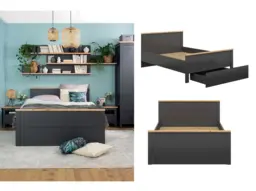 Double Bed with Storage Drawer Bedframe with Wooden Slats Dark Grey and Oak Shaker Modern Country - Hesen - thumbnail 1