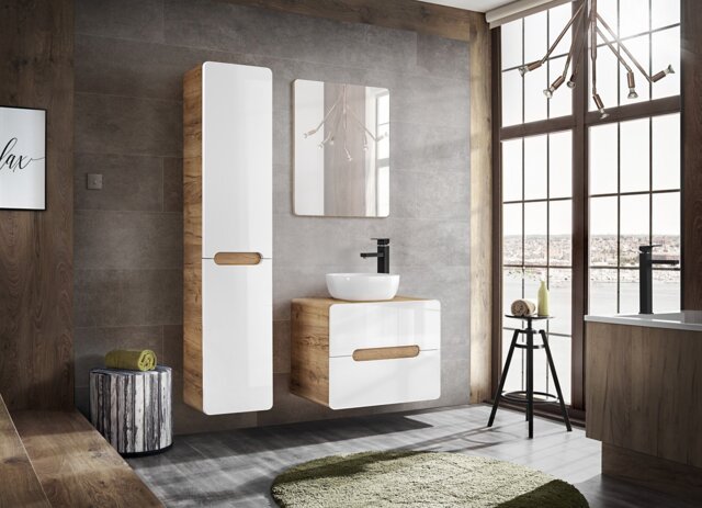 Scandi Bathroom Furniture Set Tall Laundry Basket Cabinet with 600mm Wall Vanity Sink Unit White Gloss Oak - Aruba - image 1