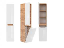 Scandi Bathroom Furniture Set Tall Laundry Basket Cabinet with 600mm Wall Vanity Sink Unit White Gloss Oak - Aruba - thumbnail 4