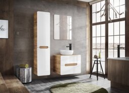 Scandi Bathroom Furniture Set Tall Laundry Basket Cabinet with 600mm Wall Vanity Sink Unit White Gloss Oak - Aruba