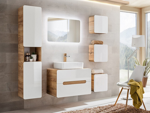 Bathroom Cabinet Storage Wall Hung Tallboy 800mm Vanity Sink Unit Modern White Gloss and Oak Furniture Set - Aruba - image 1
