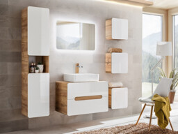 Bathroom Cabinet Storage Wall Hung Tallboy 800mm Vanity Sink Unit Modern White Gloss and Oak Furniture Set - Aruba