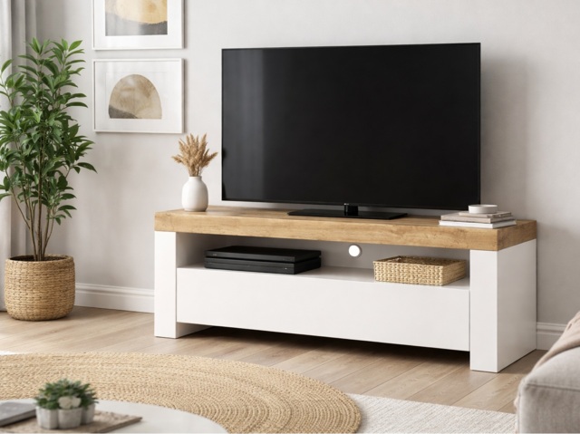 Small TV Cabinet White High Gloss TV Unit with Storage Drawer Oak Entertainment Media Stand Scandi - Holten - image 1