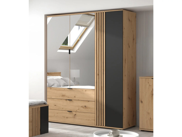 Triple Wardrobe Mirrored Bedroom Hallway 3 Door 3 Drawer Shelf Unit Hanging Rail Black and Oak with Slats – Vabres - image 1