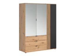Triple Wardrobe Mirrored Bedroom Hallway 3 Door 3 Drawer Shelf Unit Hanging Rail Black and Oak with Slats – Vabres - thumbnail 3